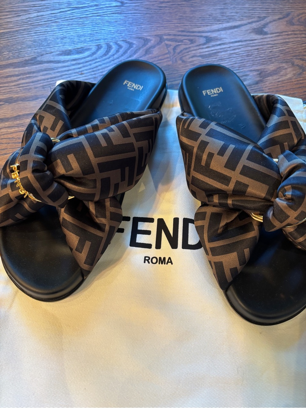 Fendi Black & Brown FF Logo Knot Slide Sandals - worn once